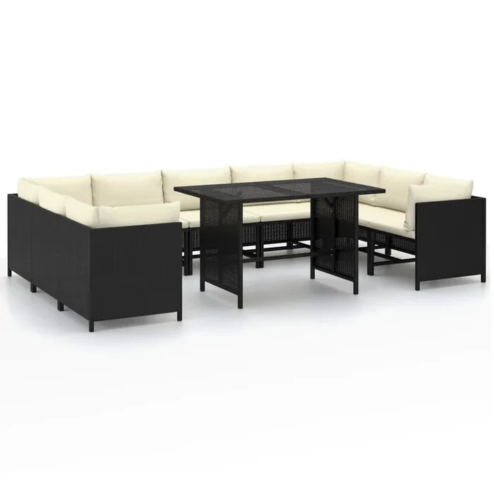10pc Outdoor Sofa Set, White Cushions, 9 Modular Chairs, Table, Black – Benzara