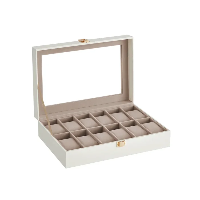 12-Compartment Watch Case with Large Glass Viewing Lid for Stylish Organization