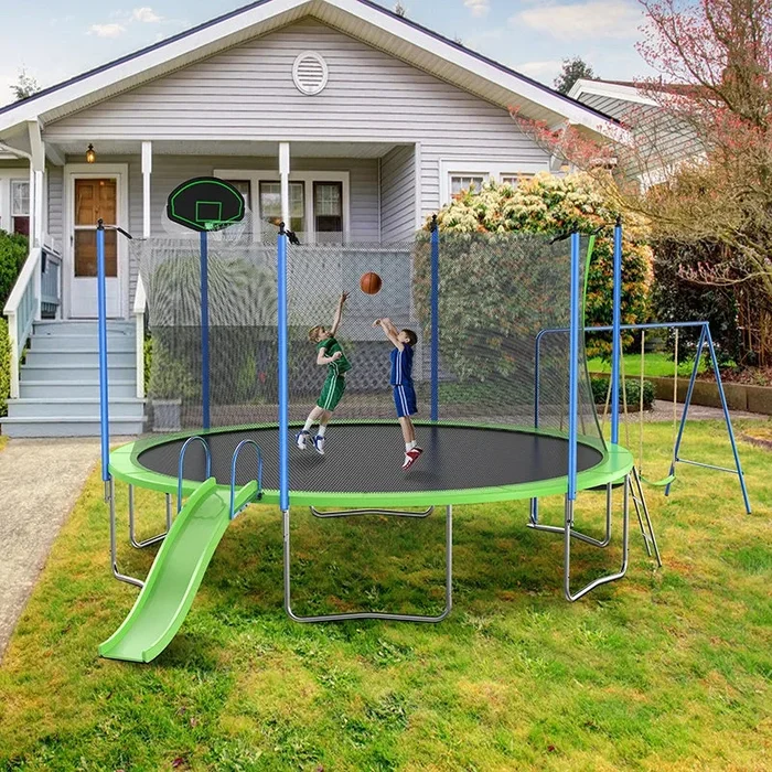 14 ft Green Trampoline with Hoop, Slide & Swings Enclosure