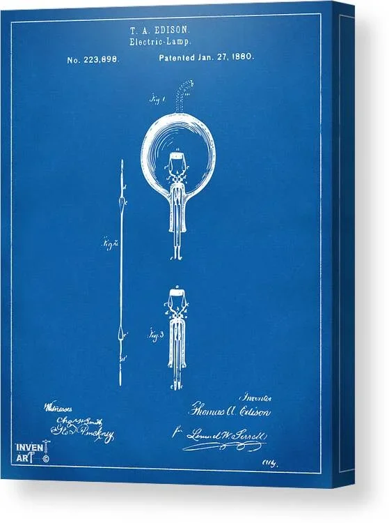 1880 Edison Electric Lamp Patent Artwork Blueprint Canvas Print