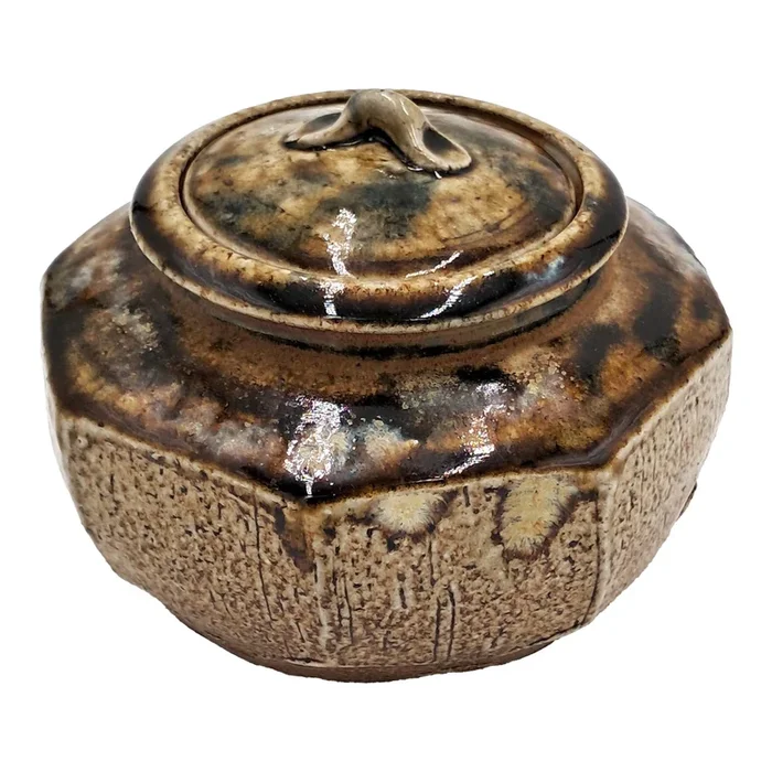 1990s Brown Handmade Studio Ceramic Geometric Octagon Lidded Pot With Speckled Glaze