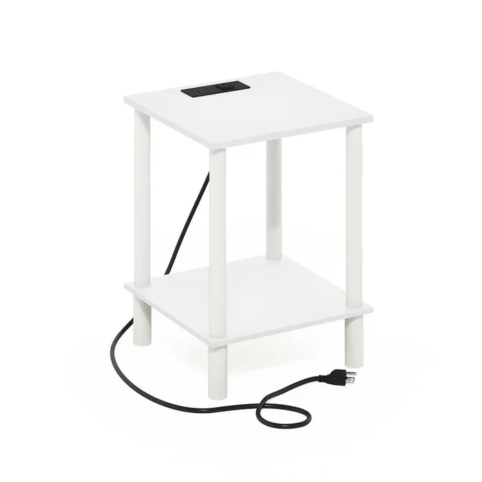 2-Tier Side Table, End Table with USB and Type-C Charging Port, White