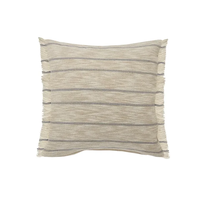 20″ Taupe Brown and Blue Striped Square Throw Pillow with Fringe