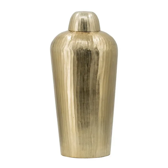 22 Inch Lidded Vase Jar, Tall Curved Silhouette, Hammered Texture, Gold – Benzara