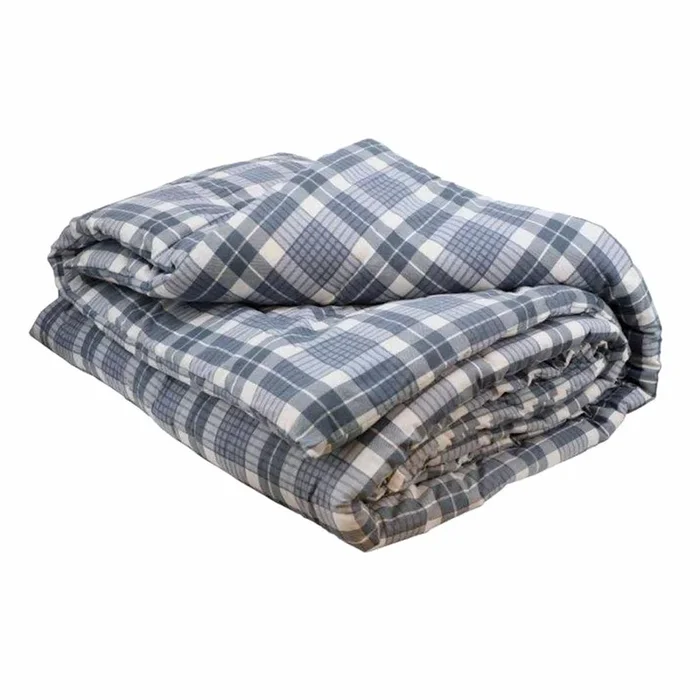 3-Piece Blue Plaid Flannel Printed Cotton Comforter Set, Full/Queen