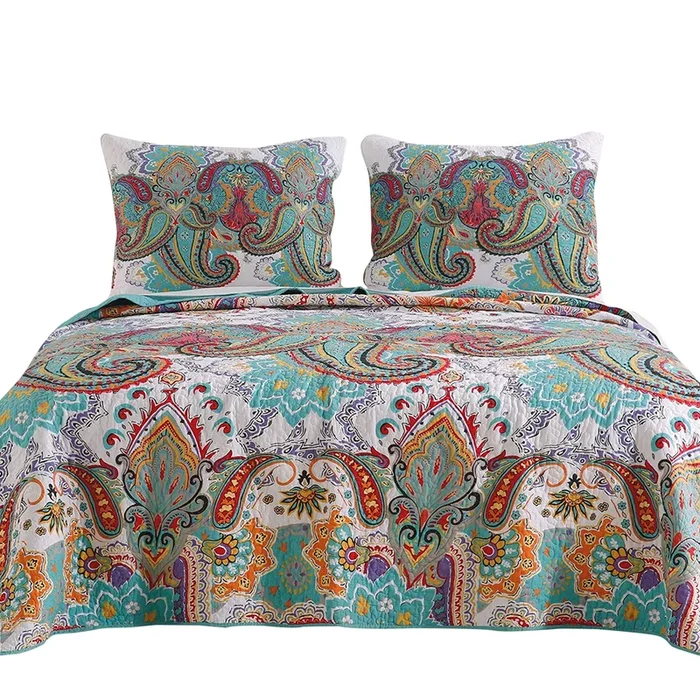 3 Piece Queen Size Cotton Quilt Set with Paisley Print, Teal Blue – Benzara