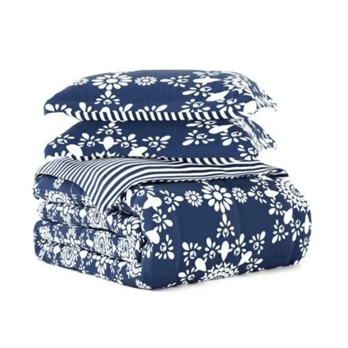3 Piece Reversible Comforter Set Floral and Striped Design Soft Bedding