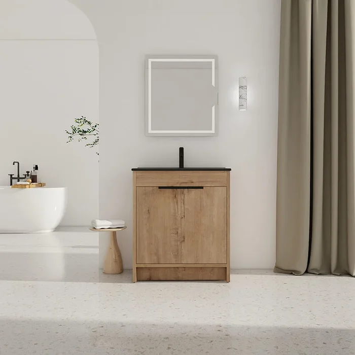 30″ Oak Bathroom Vanity with Black Sink & Soft-Close Doors
