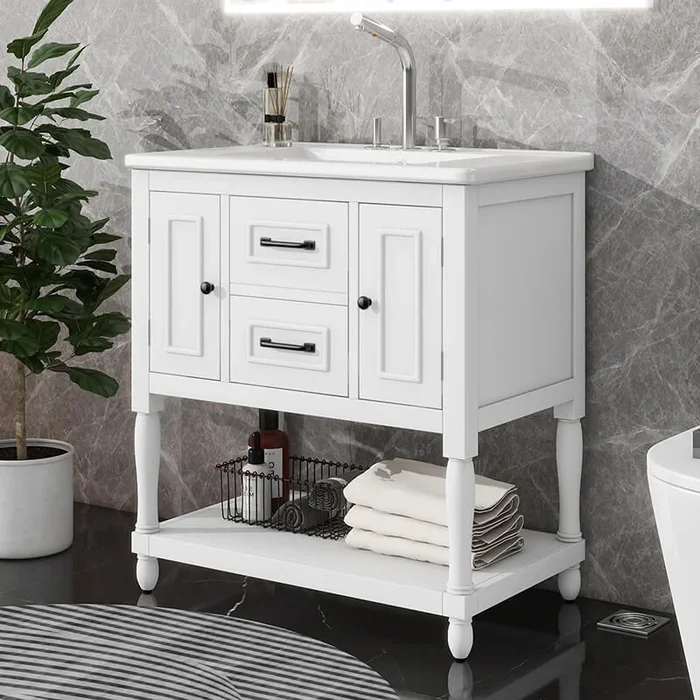 30″ White Freestanding Bathroom Vanity with Sink & Storage