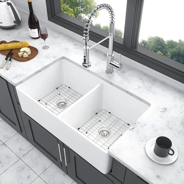 32 Inch White Farmhouse Double Bowl Sink with Accessories