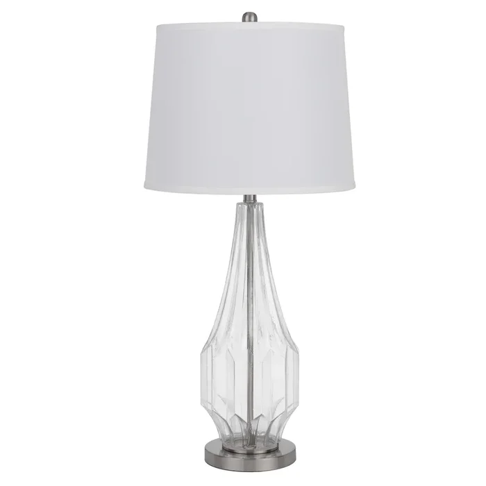 34 Inch Table Lamp Set of 2, White Drum Shade, Glass, Round Metal Base – Benzara
