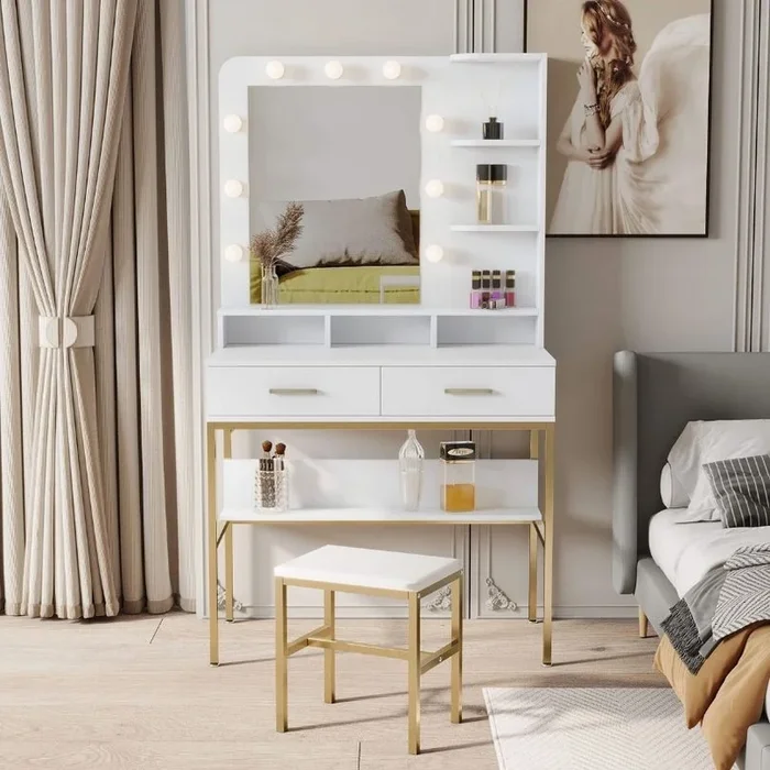 35″ Modern White Vanity Set with LED Mirror & Stool