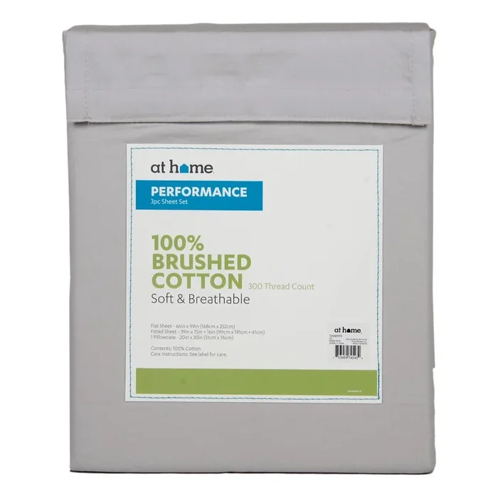 4-Piece Grey 300 Thread Count 100% Brushed Cotton Percale Sheet Set, Twin