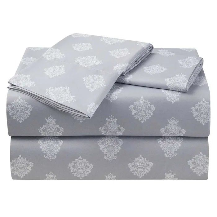 4-Piece Grey Damask Print Microfiber Essential Sheet Set, Full
