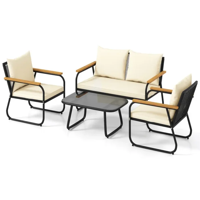 4-Piece Patio Furniture Set with Tempered Glass Coffee Table, Outdoor Seating