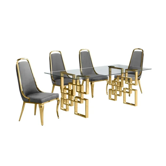 5-piece glam dining set with 4 Dark grey chairs and one 79″ glass dining table