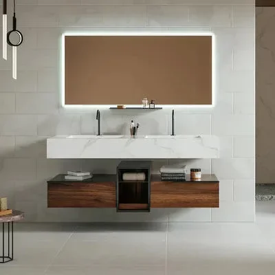 59″ White & Brown Floating Bathroom Vanity Double Sink