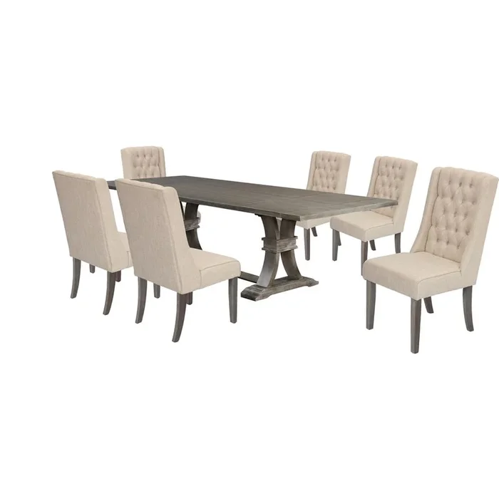 7 Piece Dining Set Extendable w/two 16″Side Leaves Extension & 6 Chairs in Beige Linen