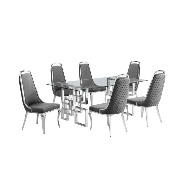 7-piece glam dining set with 6 Dark grey chairs and one 79″ glass dining table