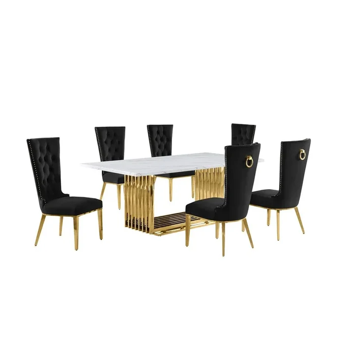 7pc Large(79″) marble top dining set with gold base and 6 Black side chairs