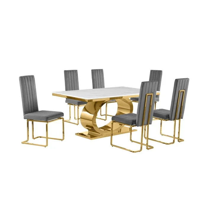7pc Small(86″) marble top dining set with gold base and 6 Dark grey side chairs