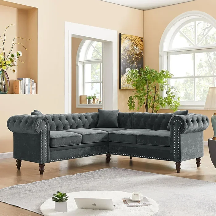 80-Inch Grey Tufted Chesterfield L-Shaped Sofa with Pillows