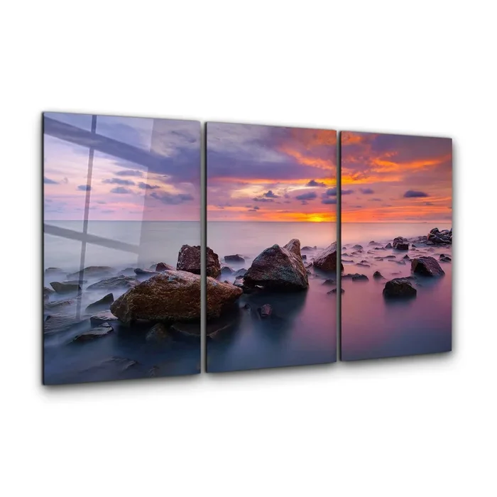 ・”Stones and Sunset – Trio”・Glass Wall Art