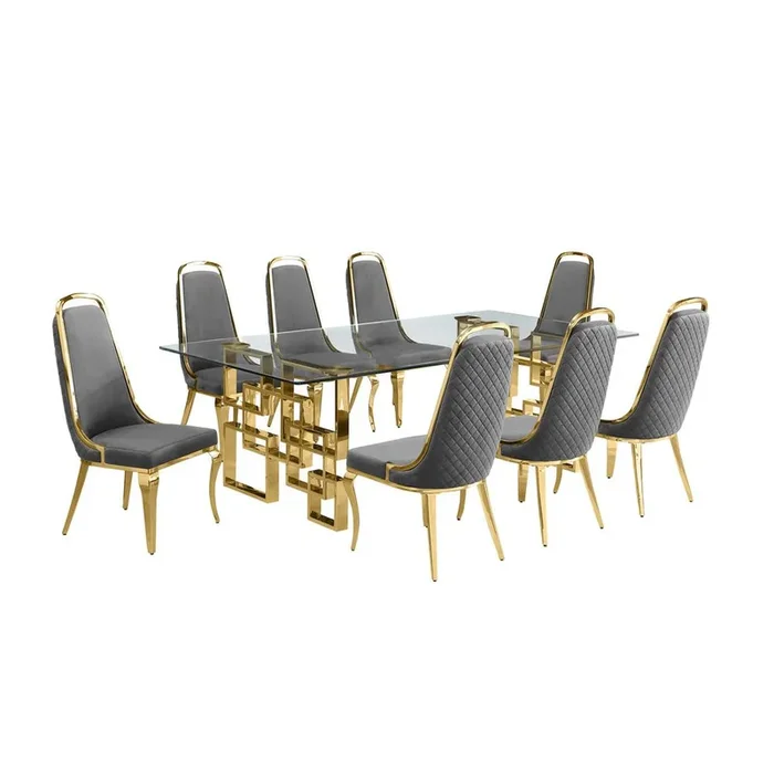 9-piece glam dining set with 8 Dark grey chairs and one 95″ glass dining table