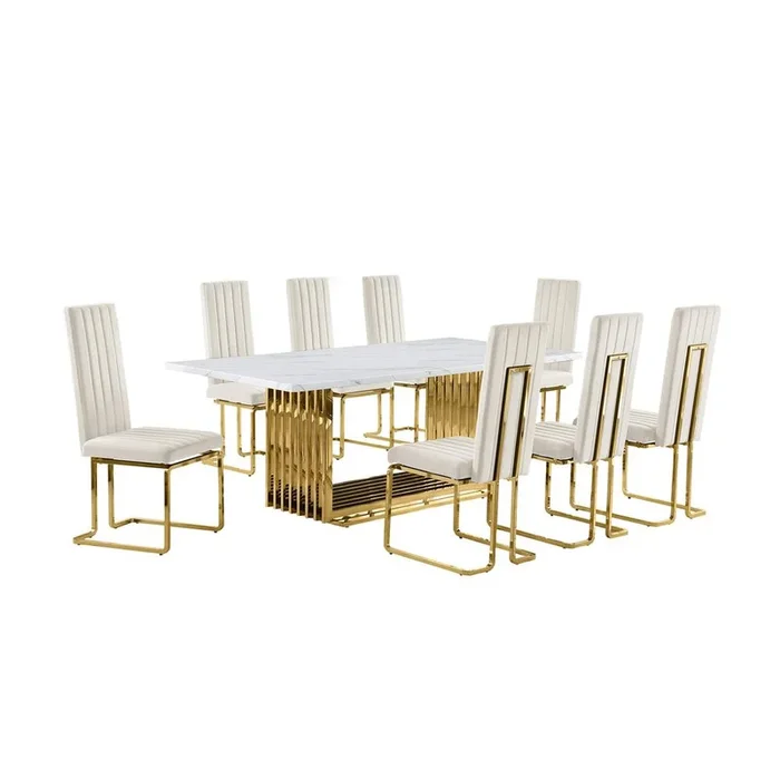 9pc Large(79″) marble top dining set with gold base and 8 cream side chairs