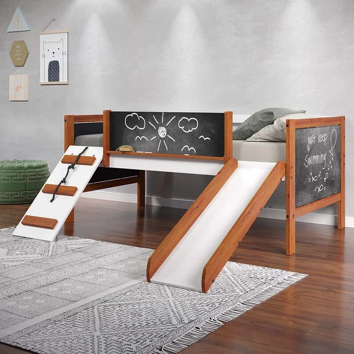 Aurea – Twin Loft Bed With Slide – Cherry Oak & White