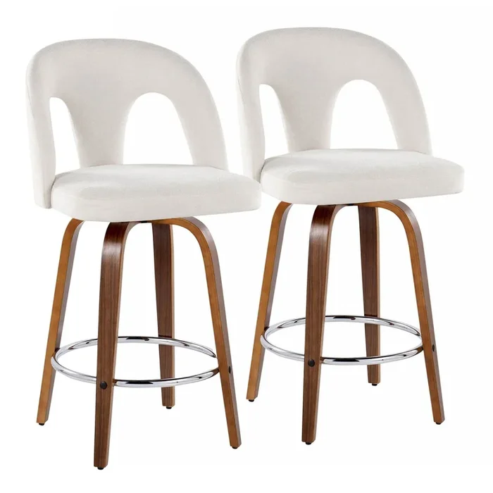 Ava – Upholstered Fixed-Height Barstool (Set of 2) – Walnut Wood Base