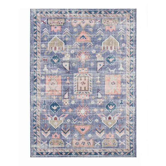 (B828) Blue Floral Medallion Washable Area Rug, 5×7