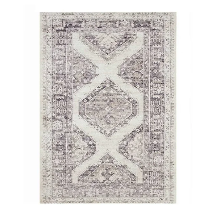 (B829) Grey & White Floral Washable Area Rug, 5×7