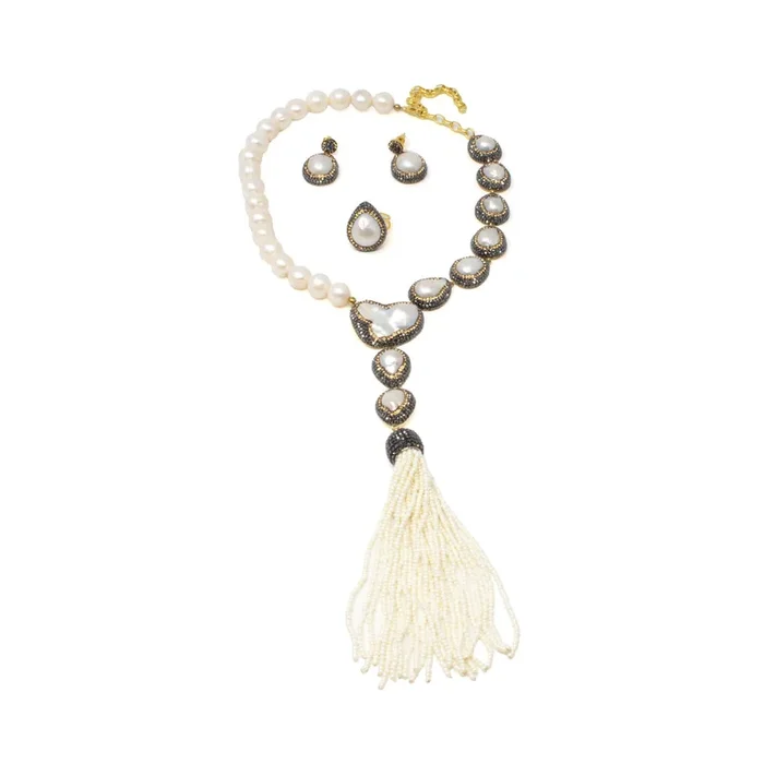 Baroque Pearl Set (Necklace; Earrings; Ring) – Half Pearls With Marcasite & Half Pearl Beads Necklace With Mini Pearls Tassel – Matching Rings & Dangle Post Earrings With Marcasite & Gold Swarovski Crystals