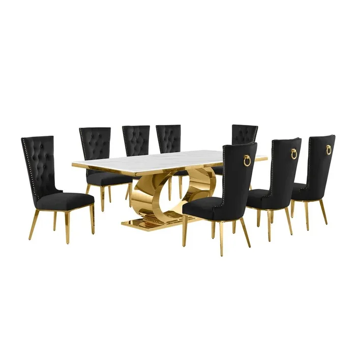 Best Quality Furniture 9pc Large(87) marble top dining set with gold base and 8 Black side chairs