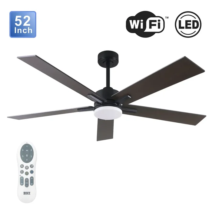 BHI 52″ 5 Blades Smart Indoor Walnut&Oak LED Ceiling Fan 6-Speed with Light Kit Included