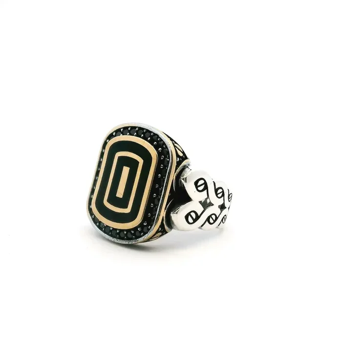 Black Onyx Ring – Rounded Rectangle Flat With Single Row Pave Black Nanostones Bezel Set With Gold Vermeil Accents & Braided Band In 925 Sterling Silver Sz9.75
