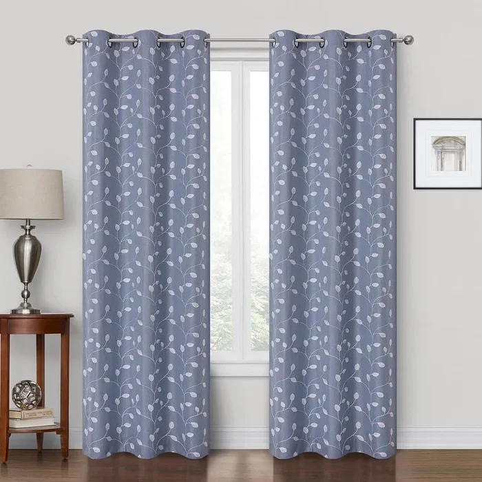 Blue Embroidered Blackout Grommet Curtain Panel, 84″