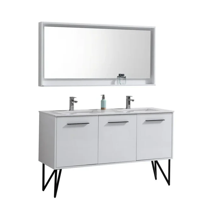 Bosco 60 in. Double Sink Modern Bathroom Vanity w/ Quartz Countertop and Matching Mirror – High Gloss White