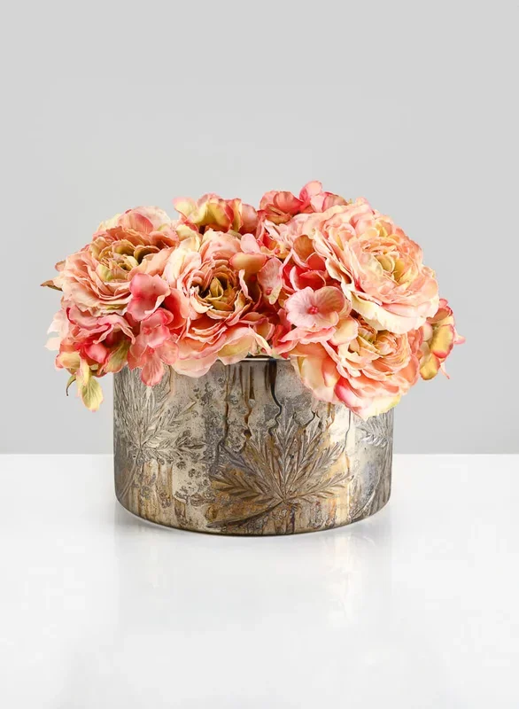 Cairo Vintage Silver Low Bowl Mercury Glass Floral Centerpiece Vase
