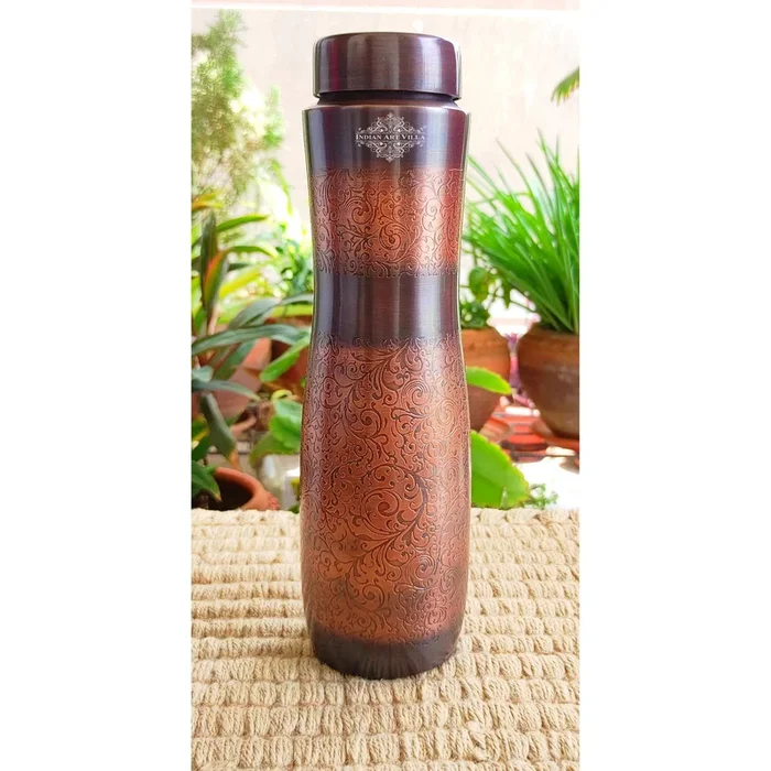Copper Water Bottle with Antique Dark Embossed Finish & Honeycomb Desi