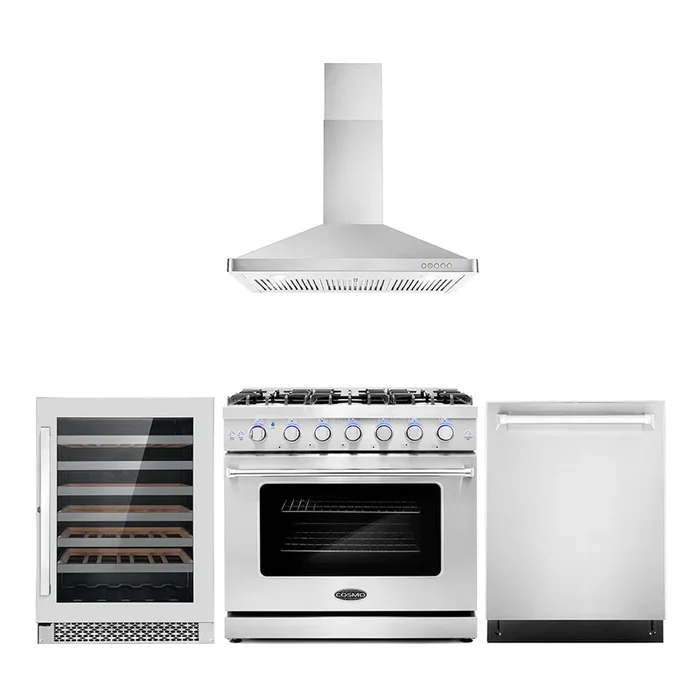 Cosmo Package – 36″ Gas Range, Wall Mount Range Hood, Dishwasher and Wine Cooler, COS-4PKG-107
