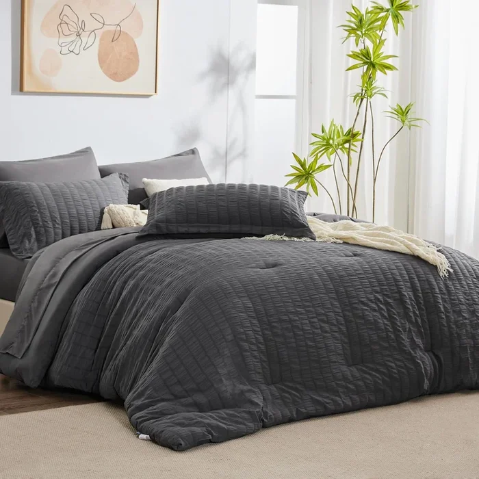 CozyLux Full Seersucker Comforter Set with Sheets Dark Grey Bed in a Bag 7-Pieces All Season Bedding Sets with Comforter, Pillow
