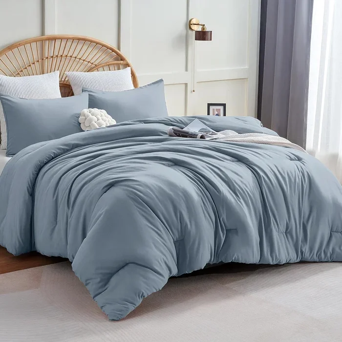 CozyLux Grayish Blue Comforter Set King Size, 3 Pieces Solid Breathable Quilted Boho Style Bedding Sets, Luxury Fluffy Soft Micr