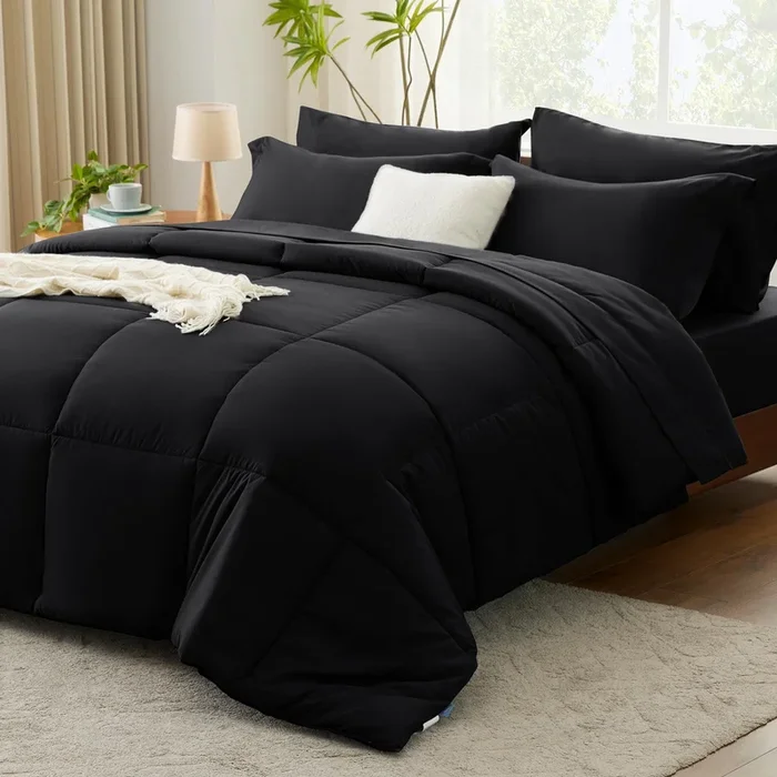 CozyLux King Size Comforter Set – 7 Pieces Bed in a Bag Set Black King, Complete Bedding Sets Bed Set for All Season with Comfor