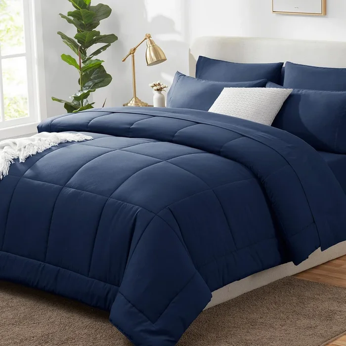 CozyLux King Size Comforter Set – 7 Pieces Bed in a Bag Set Navy Blue, King Bedding Set with All Season Quilted Comforter, Flat