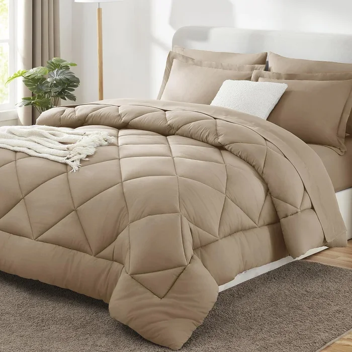 CozyLux Queen Comforter Set with Sheets 7 Pieces Bed in a Bag Taupe All Season Bedding Sets with Comforter, Pillow Shams, Flat S