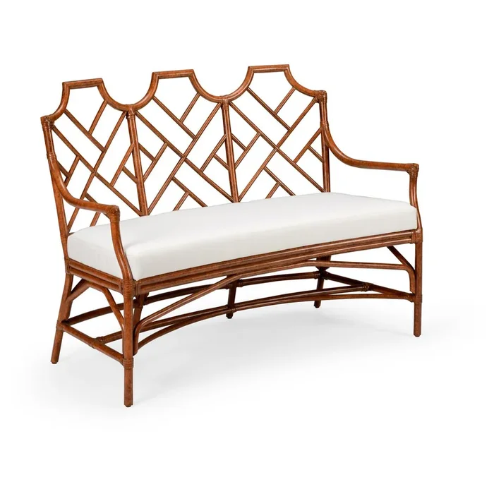 Curved Rattan Bench with Upholstered Seat