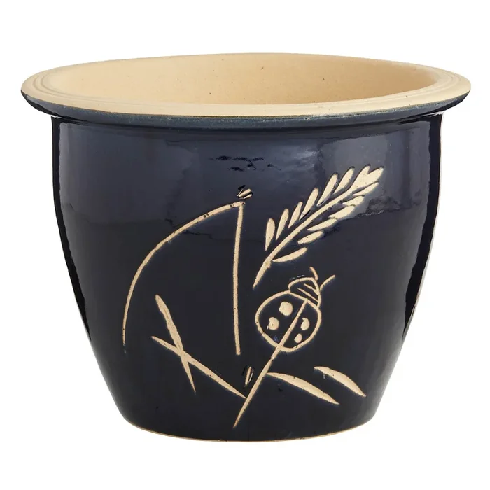Dark Blue Carved Ceramic Outdoor Planter, Large
