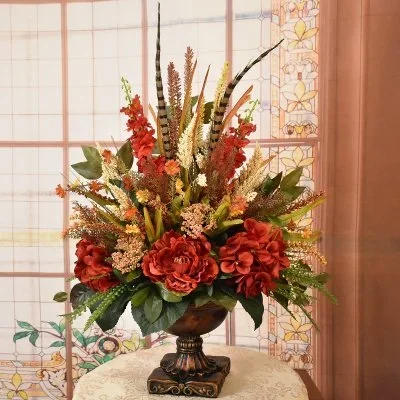 Designer Faux Floral Design with Hydrangea and Feathers – One Sided